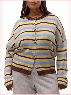 Plus Size Oversized Cardigan, Long Sleeve Crew Neck Button Front Sweater